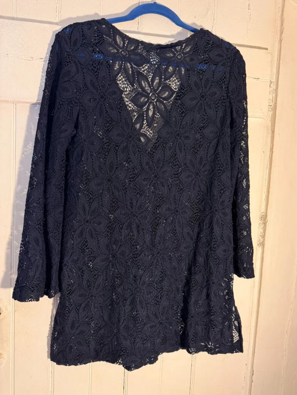 J. Valdi Black Daisy Floral Lace V-Neck Tunic Swim Cover Up Sz L